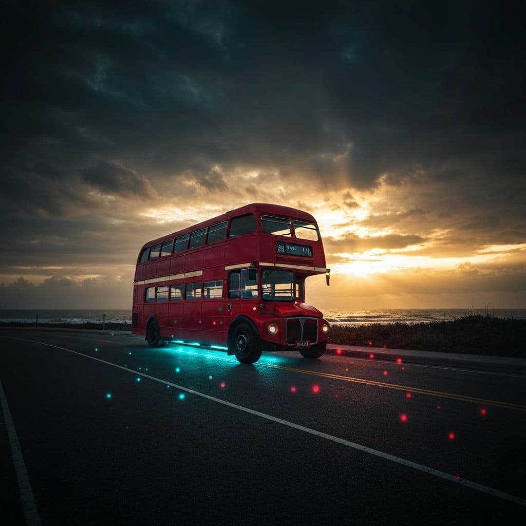 Red double-decker bus at dawn on the Gulfport coast